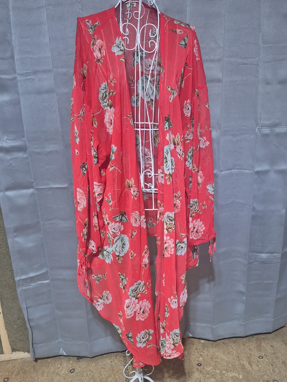 love, Fire Coral Red Floral Open-Front Duster